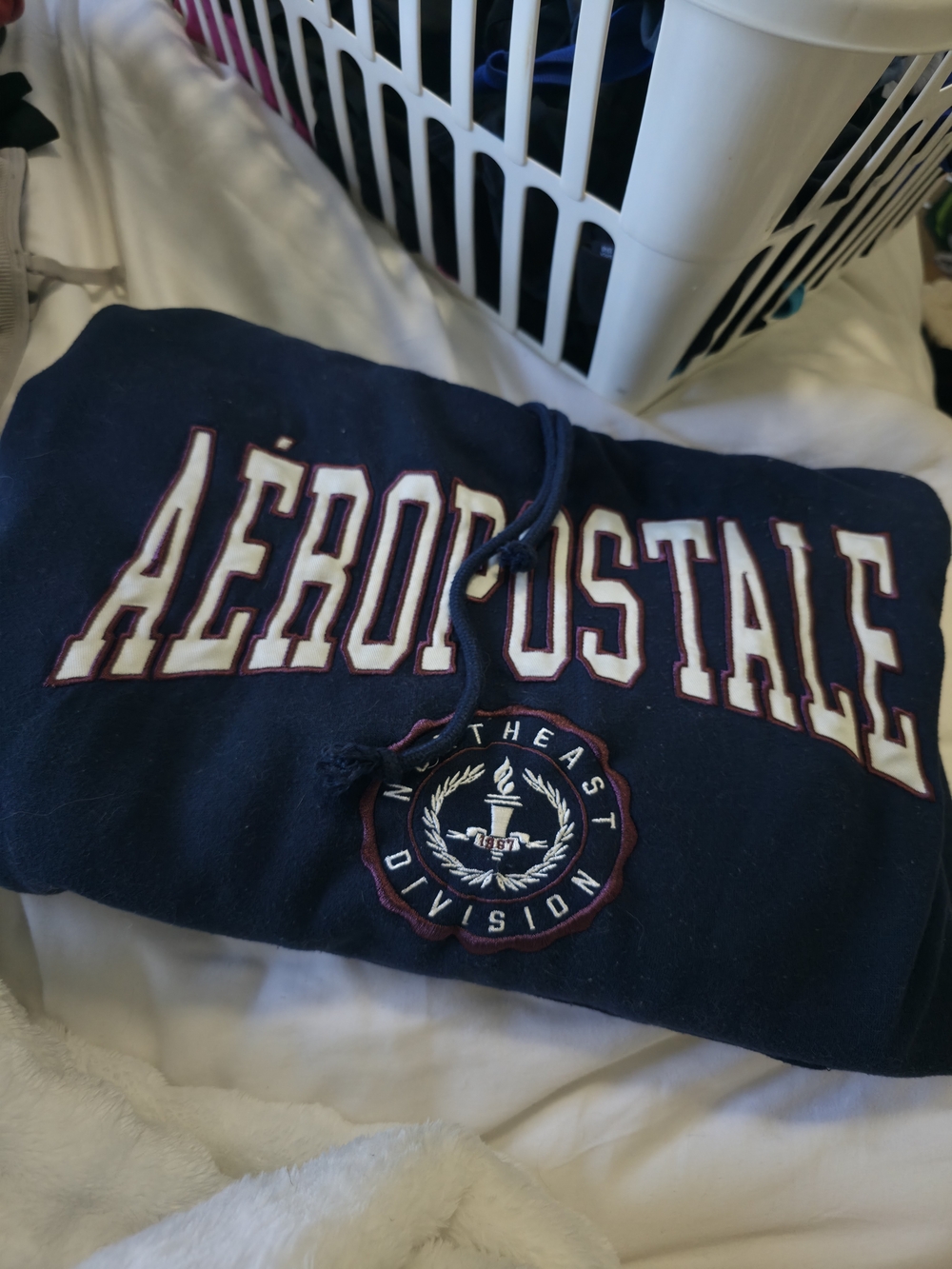 Aeropostale Navy Blue Pullover Hoodie with White & Maroon Lettering